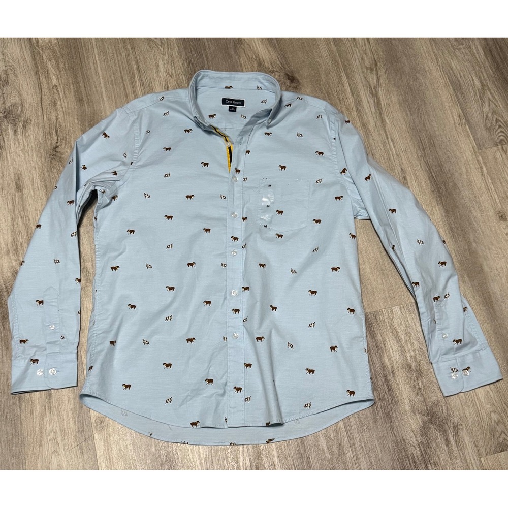 Club‎ Room Dog Print Button Down Shirt Oxford Casual Puppycore Light Blue M